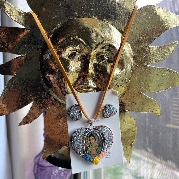 Our lady Guadalupe 925 sterling silver heart rhinestone pendant and earrings - Picture 11 of 17